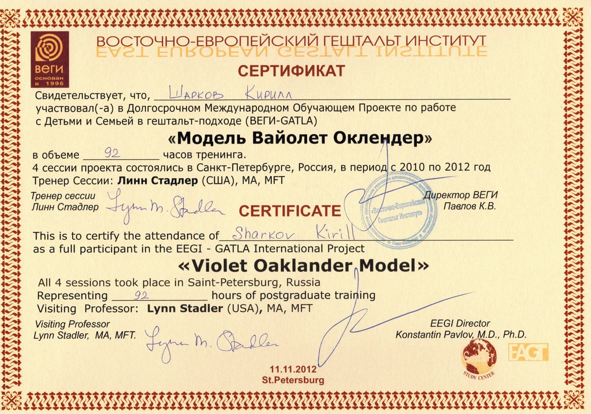 Сертификат - Модель В.Оклендер сж